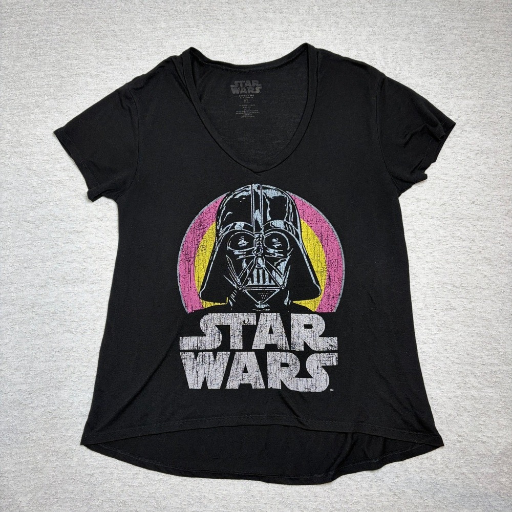 Star Wars Womens Graphic Tee XL Black Darth Vader V-Neck High-Low Retro Logo